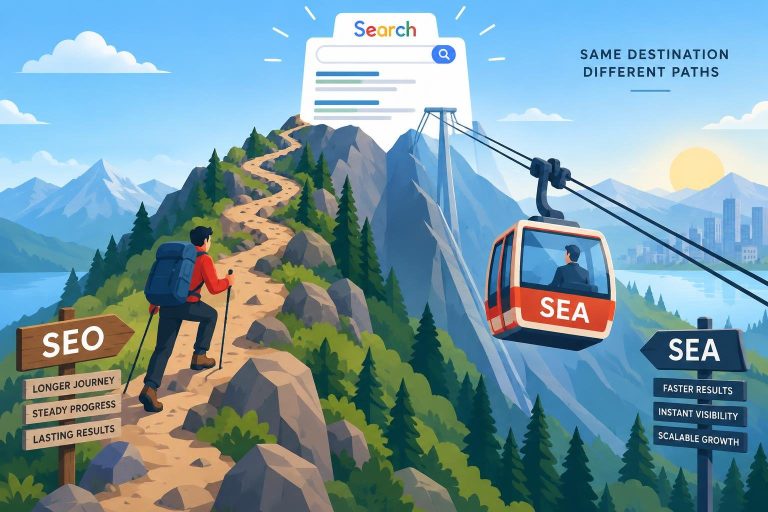 Illustration vectorielle comparant le SEO (sentier de montagne) et la SEA (téléphérique rapide) avec des labels textuels pour visualiser les stratégies de visibilité.
