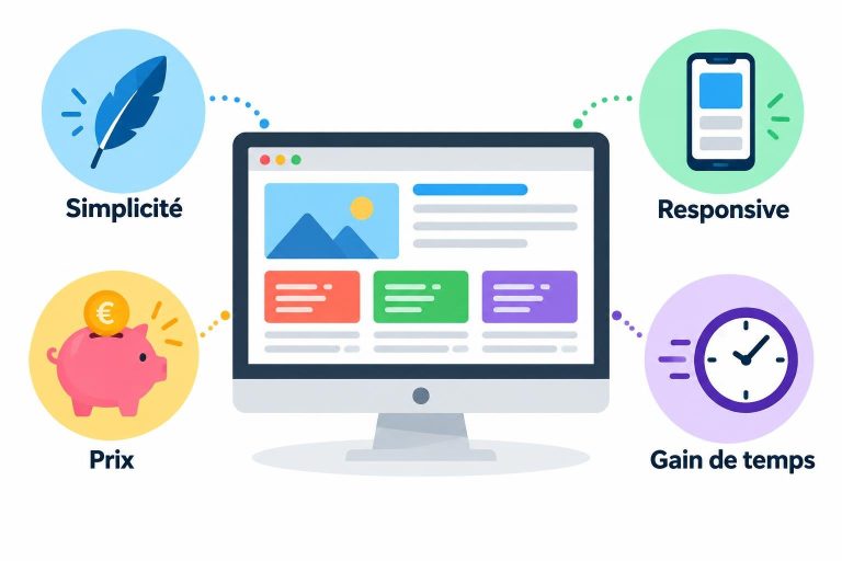 Illustration vectorielle mettant en avant les avantages d'un CMS avec des icônes pour la simplicité, le responsive, le prix et le gain de temps.