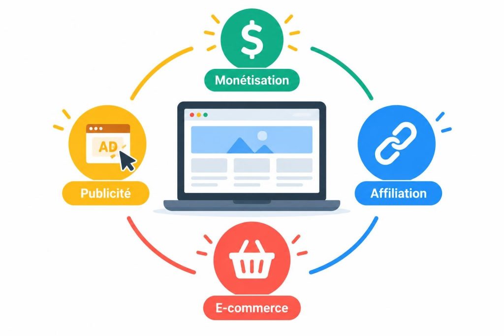Infographie vectorielle montrant un ordinateur portable entouré d'icônes colorées symbolisant les stratégies de monétisation web comme l'affiliation et le e-commerce.