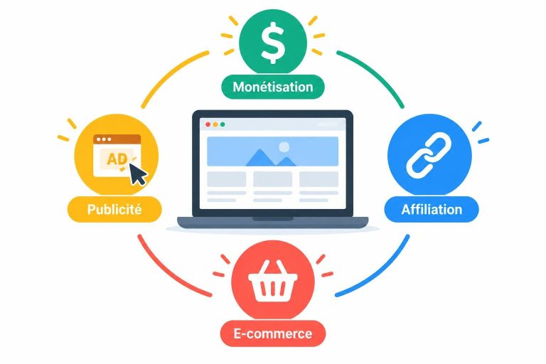 Infographie vectorielle montrant un ordinateur portable entouré d'icônes colorées symbolisant les stratégies de monétisation web comme l'affiliation et le e-commerce.