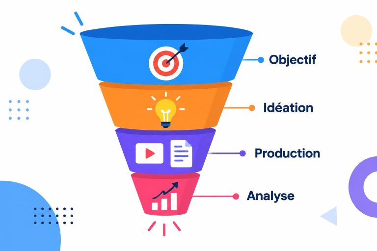 Infographie vectorielle d'un entonnoir de création de contenu digital avec les étapes Objectif, Idéation, Production et Analyse.