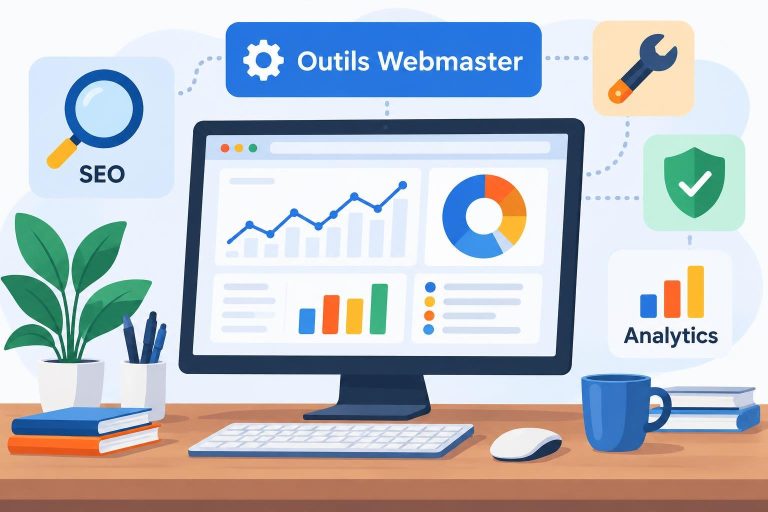 Illustration vectorielle d'un bureau avec ordinateur affichant des graphiques et icônes flottantes étiquetées Outils Webmaster, SEO et Analytics.