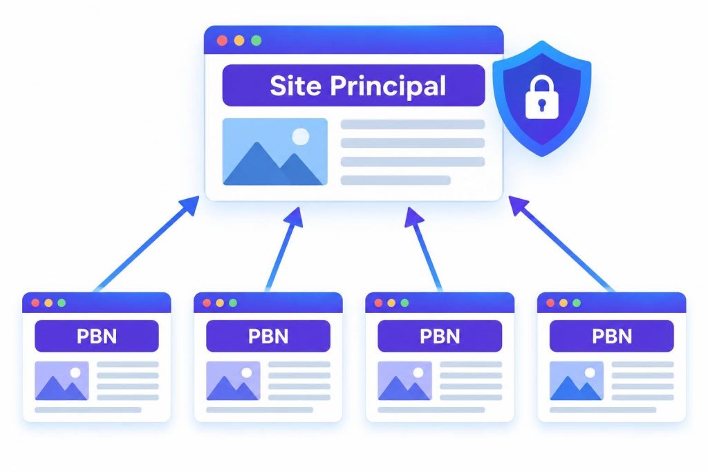 Schéma vectoriel illustrant un réseau PBN avec plusieurs sites satellites pointant via des flèches vers un site principal protégé.