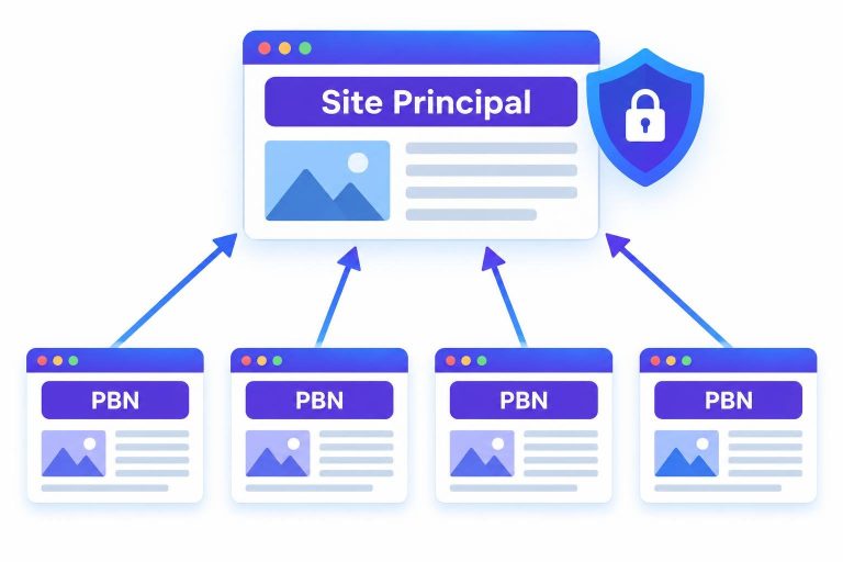 Schéma vectoriel illustrant un réseau PBN avec plusieurs sites satellites pointant via des flèches vers un site principal protégé.