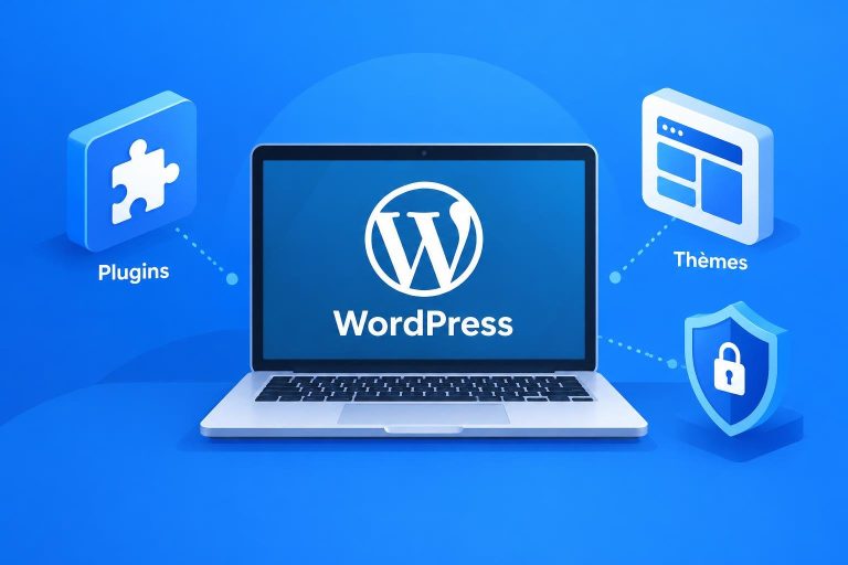 Illustration vectorielle sur fond bleu montrant un ordinateur avec le logo WordPress entouré d'icônes symbolisant les plugins et les thèmes.