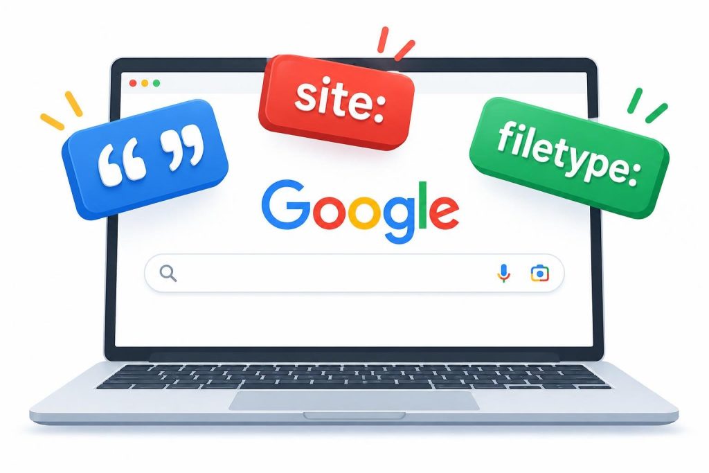 Illustration vectorielle d'un ordinateur affichant Google avec les opérateurs de recherche avancée site et filetype flottant au-dessus de la barre.