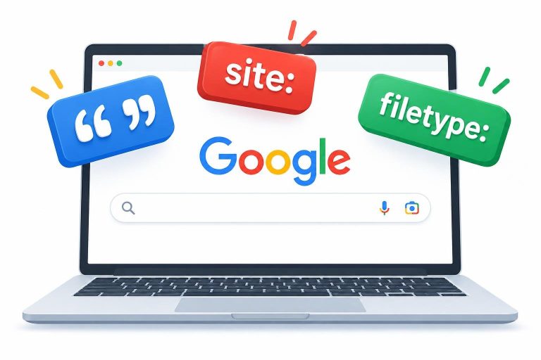 Illustration vectorielle d'un ordinateur affichant Google avec les opérateurs de recherche avancée site et filetype flottant au-dessus de la barre.